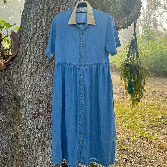 Adonna Dresses & Skirts - Vtg.Blue Chambray denim maxi dress with corduroy collar and 2 pockets by Adonna